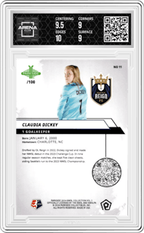 Claudia Dickey from the 2024 Parkside NWSL Vol. 1 set featuring a Shimmer parallel graded by Arena Club and given an overall grade of 9.5.