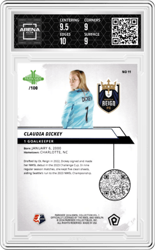 Claudia Dickey from the 2024 Parkside NWSL Vol. 1 set featuring a Shimmer parallel graded by Arena Club and given an overall grade of 9.5.