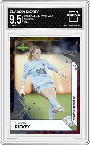 Claudia Dickey from the 2024 Parkside NWSL Vol. 1 set featuring a Shimmer parallel graded by Arena Club and given an overall grade of 9.5.