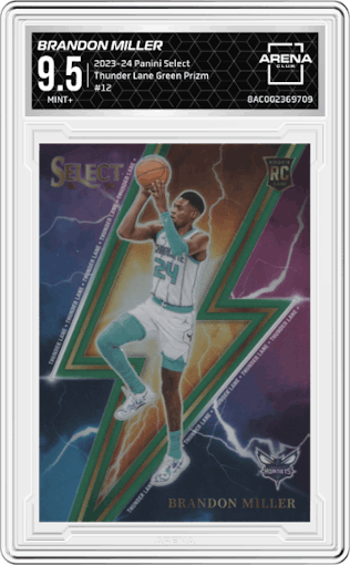 Brandon Miller from the 2023-24 Panini Select  set featuring a Green Prizm parallel graded by Arena Club and given an overall grade of 9.5.