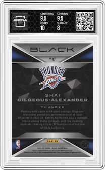 Shai Gilgeous-Alexander from the 2022-23 Panini Black set featuring a Copper parallel graded by Arena Club and given an overall grade of 8.5.