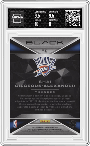 Shai Gilgeous-Alexander from the 2022-23 Panini Black set featuring a Copper parallel graded by Arena Club and given an overall grade of 8.5.