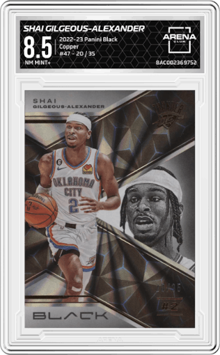 Shai Gilgeous-Alexander from the 2022-23 Panini Black set featuring a Copper parallel graded by Arena Club and given an overall grade of 8.5.