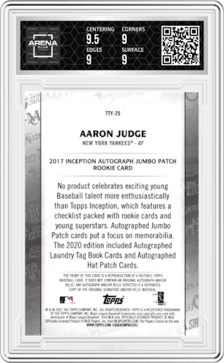 Aaron Judge from the 2021 Topps Series 1 set graded by Arena Club and given an overall grade of 9.5.