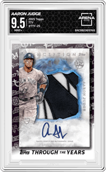 Aaron Judge from the 2021 Topps Series 1 set graded by Arena Club and given an overall grade of 9.5.