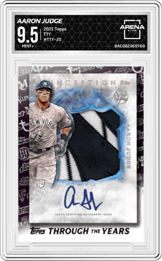 Aaron Judge from the 2021 Topps Series 1 set graded by Arena Club and given an overall grade of 9.5.