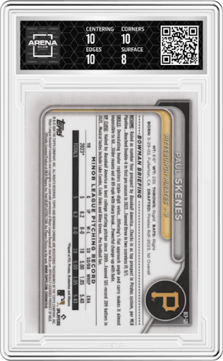 Paul Skenes from the 2024 Bowman set graded by Arena Club and given an overall grade of 8.5.