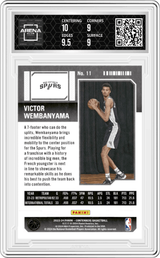 Victor Wembanyama  from the 2023-24 Panini Contenders set featuring a Retail parallel graded by Arena Club and given an overall grade of 9.5.