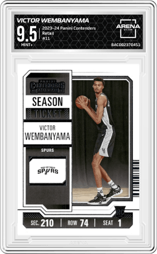 Victor Wembanyama  from the 2023-24 Panini Contenders set featuring a Retail parallel graded by Arena Club and given an overall grade of 9.5.