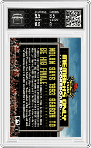 Nolan Ryan from the 1992 Topps Stadium Club set graded by Arena Club and given an overall grade of 8.5.