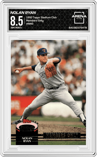 Nolan Ryan from the 1992 Topps Stadium Club set graded by Arena Club and given an overall grade of 8.5.