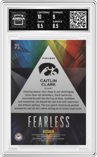 Caitlin Clark from the 2024 Panini Caitlin Clark Collection set graded by Arena Club and given an overall grade of 9.
