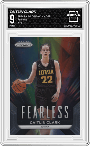 Caitlin Clark from the 2024 Panini Caitlin Clark Collection set graded by Arena Club and given an overall grade of 9.