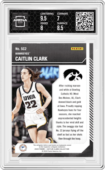 Caitlin Clark from the 2024 Panini Caitlin Clark Collection set graded by Arena Club and given an overall grade of 7.5.