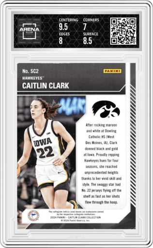 Caitlin Clark from the 2024 Panini Caitlin Clark Collection set graded by Arena Club and given an overall grade of 7.5.