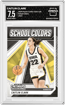 Caitlin Clark from the 2024 Panini Caitlin Clark Collection set graded by Arena Club and given an overall grade of 7.5.