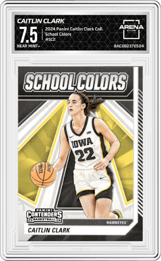 Caitlin Clark from the 2024 Panini Caitlin Clark Collection set graded by Arena Club and given an overall grade of 7.5.