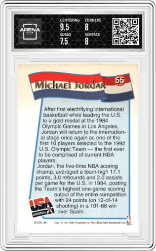 Michael Jordan from the 1991-92 NBA Hoops McDonald's set graded by Arena Club and given an overall grade of 8.
