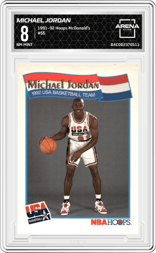 Michael Jordan from the 1991-92 NBA Hoops McDonald's set graded by Arena Club and given an overall grade of 8.