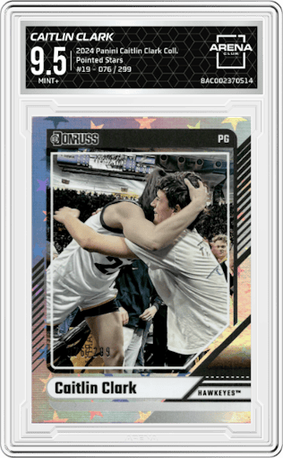 Caitlin Clark from the 2024 Panini Caitlin Clark Collection set featuring a Pointed Stars parallel graded by Arena Club and given an overall grade of 9.5.