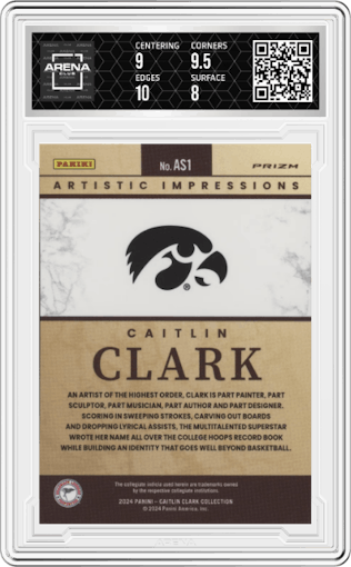 Caitlin Clark from the 2024 Panini Caitlin Clark Collection set graded by Arena Club and given an overall grade of 8.5.
