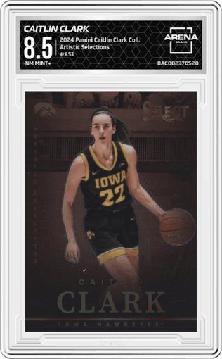 Caitlin Clark from the 2024 Panini Caitlin Clark Collection set graded by Arena Club and given an overall grade of 8.5.