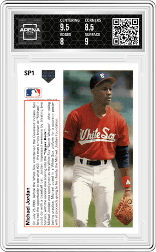 Michael Jordan from the 1991 Upper Deck set graded by Arena Club and given an overall grade of 8.5.