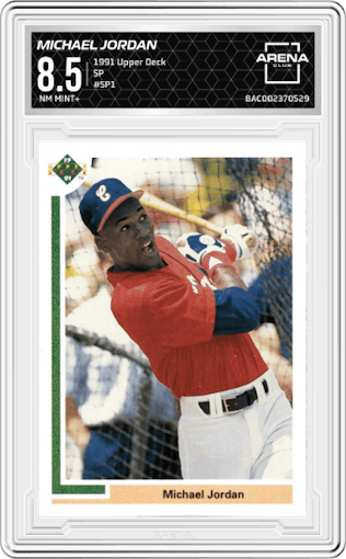Michael Jordan from the 1991 Upper Deck set graded by Arena Club and given an overall grade of 8.5.