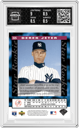 Derek Jeter from the 1995 Upper Deck set graded by Arena Club and given an overall grade of 8.5.