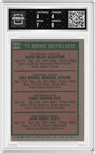 Dave Augustine/Pepe Mangual/Jim Rice/John Scott from the 1975 Topps set graded by Arena Club and given an overall grade of 4.5.