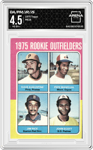 Dave Augustine/Pepe Mangual/Jim Rice/John Scott from the 1975 Topps set graded by Arena Club and given an overall grade of 4.5.