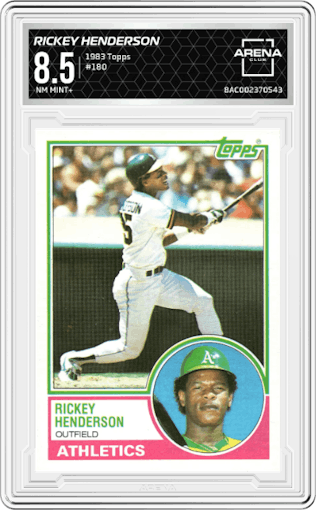 Rickey Henderson from the 1983 Topps set graded by Arena Club and given an overall grade of 8.5.