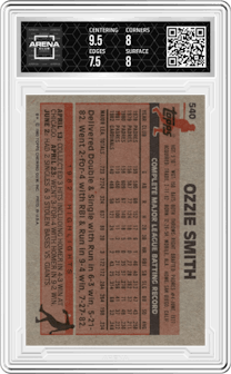 Ozzie Smith from the 1983 Topps set graded by Arena Club and given an overall grade of 8.