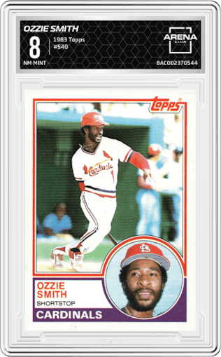 Ozzie Smith from the 1983 Topps set graded by Arena Club and given an overall grade of 8.