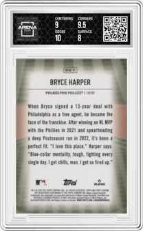 Bryce Harper from the 2024 Topps Chrome Update set graded by Arena Club and given an overall grade of 8.5.