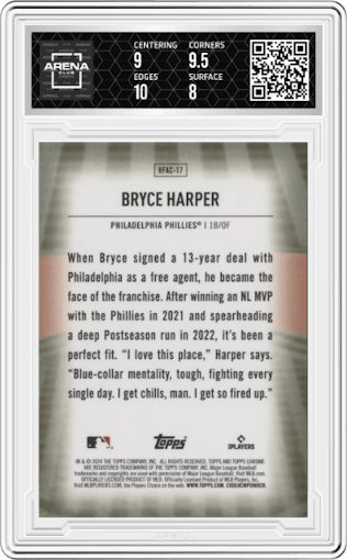 Bryce Harper from the 2024 Topps Chrome Update set graded by Arena Club and given an overall grade of 8.5.