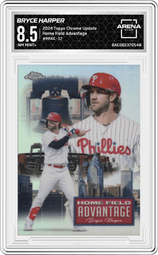 Bryce Harper from the 2024 Topps Chrome Update set graded by Arena Club and given an overall grade of 8.5.