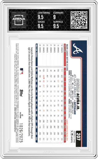 Ronald Acuna Jr. from the 2025 Topps set featuring a Gold parallel graded by Arena Club and given an overall grade of 9.5.