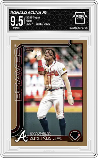 Ronald Acuna Jr. from the 2025 Topps set featuring a Gold parallel graded by Arena Club and given an overall grade of 9.5.