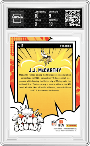 J.J. McCarthy from the 2024 Donruss set graded by Arena Club and given an overall grade of 9.5.