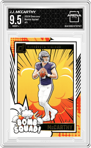 J.J. McCarthy from the 2024 Donruss set graded by Arena Club and given an overall grade of 9.5.