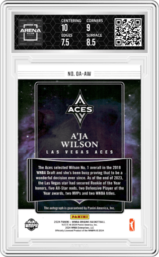 A'ja Wilson  from the 2024 Panini Origins WNBA set featuring a Red parallel graded by Arena Club and given an overall grade of 8.