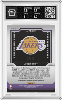Jerry West from the 2023-24 Panini Contenders Optic set featuring a Gold parallel graded by Arena Club and given an overall grade of 8.5.