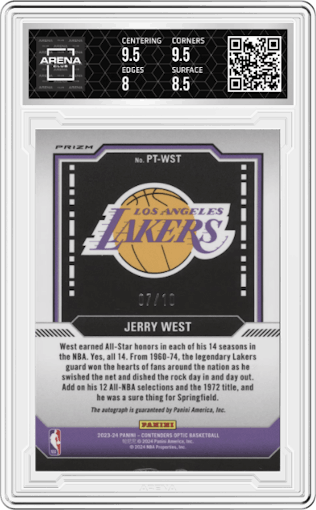 Jerry West from the 2023-24 Panini Contenders Optic set featuring a Gold parallel graded by Arena Club and given an overall grade of 8.5.