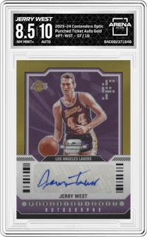 Jerry West from the 2023-24 Panini Contenders Optic set featuring a Gold parallel graded by Arena Club and given an overall grade of 8.5.