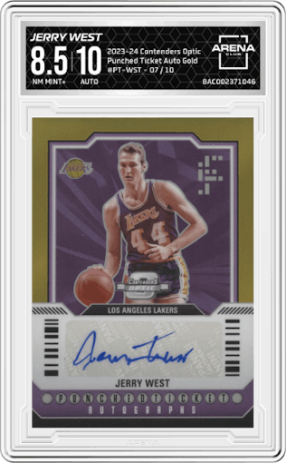 Jerry West from the 2023-24 Panini Contenders Optic set featuring a Gold parallel graded by Arena Club and given an overall grade of 8.5.