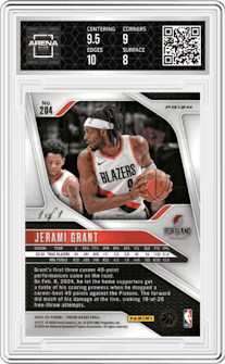 Jerami Grant from the 2024-25 Panini Prizm set featuring a Black Shimmer parallel graded by Arena Club and given an overall grade of 8.5.