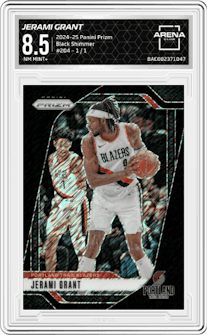 Jerami Grant from the 2024-25 Panini Prizm set featuring a Black Shimmer parallel graded by Arena Club and given an overall grade of 8.5.