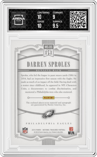 Darren Sproles from the 2015 Panini National Treasures set graded by Arena Club and given an overall grade of 9.5.