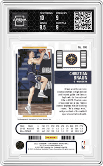 Christian Braun from the 2022-23 Panini Contenders set graded by Arena Club and given an overall grade of 9.5.